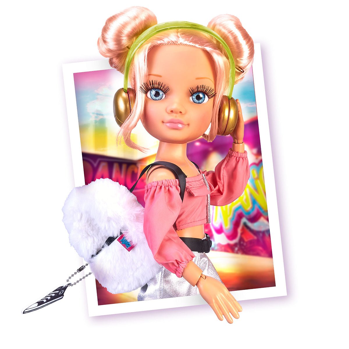 Nancy Dance doll wearing neon earmuffs, pink top, metallic silver pants, white sneakers