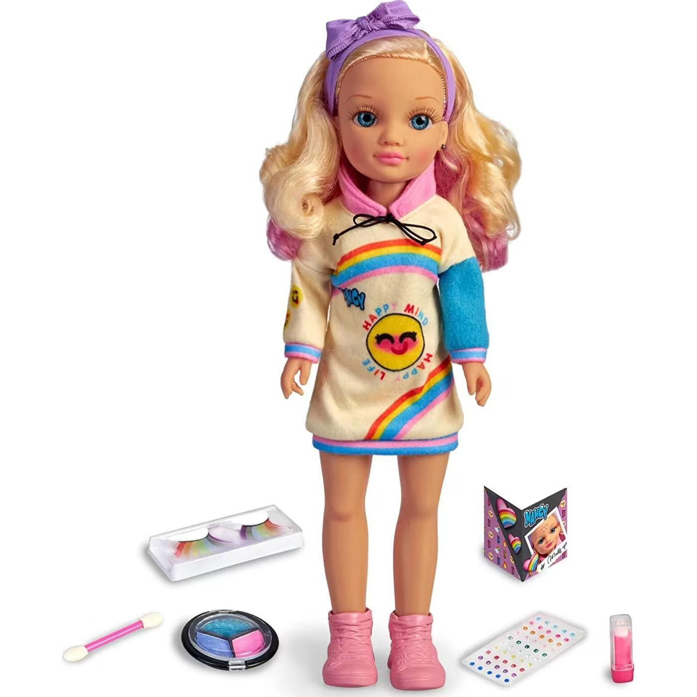 Rainbow Make-up Set: Puppe mit Lidschatten, Pinsel und Schmink-Accessoires