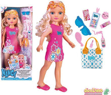 Fashion doll in pink dress with printed headband, plus blue patterned bag and accessories