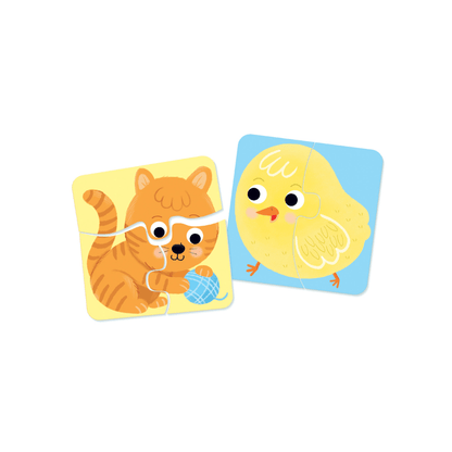 Farm animal jigsaw puzzle pieces showing cat and chick