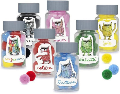 Flacons du jeu Je découvre les émotions, capuchons gris et illustrations d’émotions