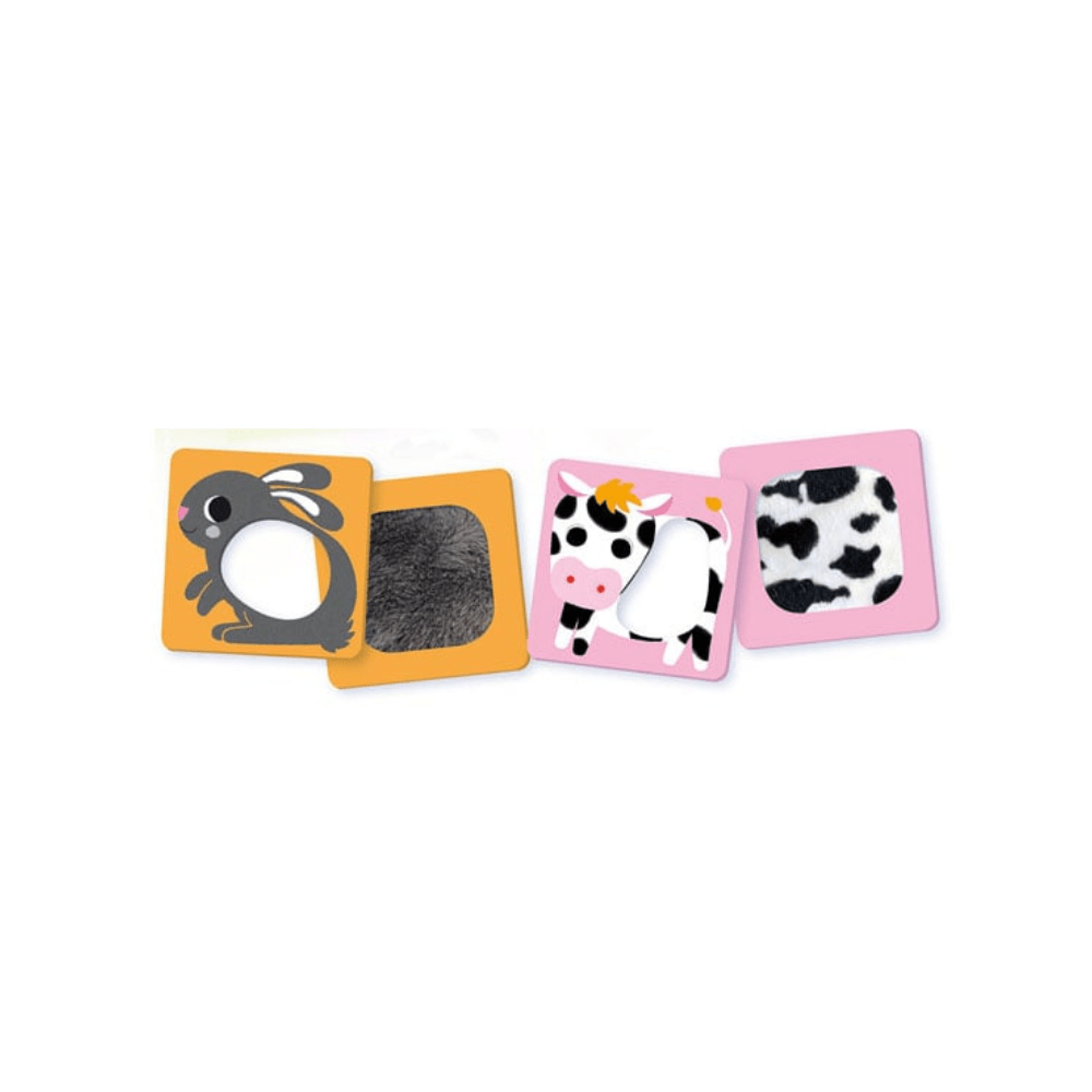 Fold-out farm touch-and-feel cards with mouse, duck, cow, and chicken textures