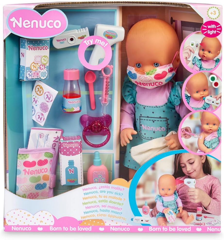 Nenuco boxed baby doll set with teal heart outfit, doctor accessories and test kit