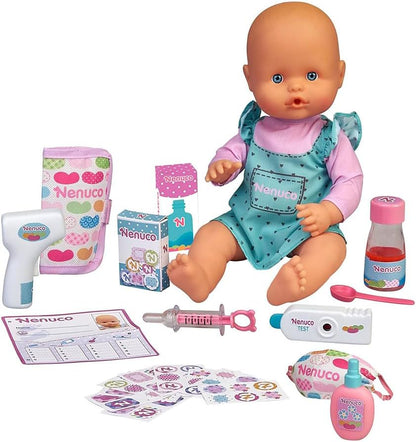 Nenuco baby doll in teal heart romper with pink sleeves, plus sickness-care accessories