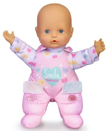 Doctor play outfit on doll: pink long-sleeve bodysuit with bandage-style wrist wraps