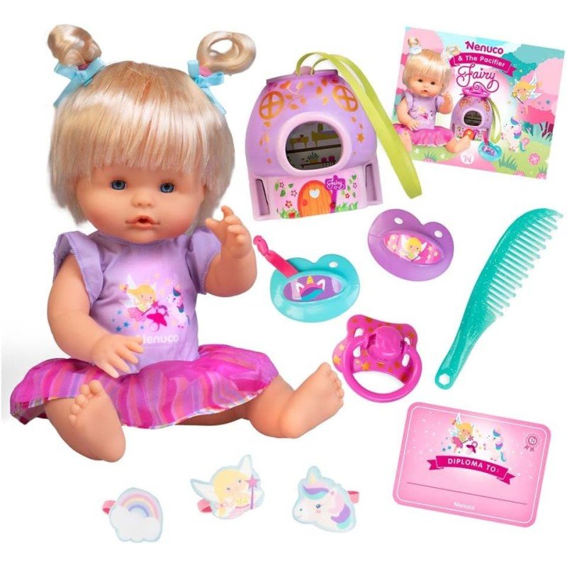 Doll with fairy dress and head bows, plus purple pacifier and play accessories