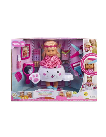 Nenuco Glitter Hairdresser Doll in cat chair, leopard dress, hair tools included (boxed)