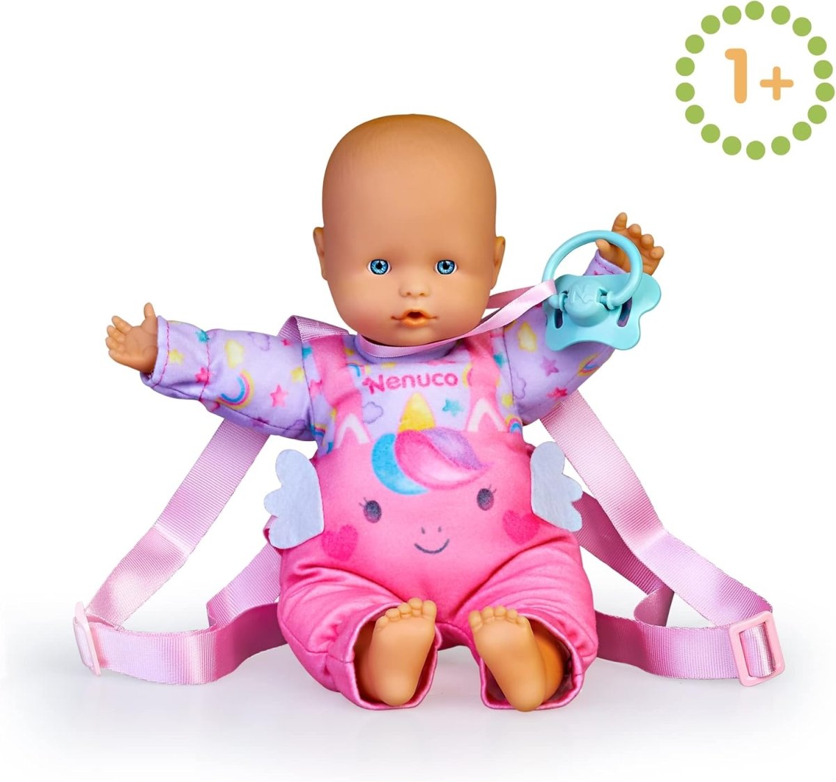 Baby doll in pink unicorn-print romper with blue pacifier and light pink shoulder straps