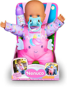Baby doll in pink unicorn-print outfit with blue pacifier and arms outstretched