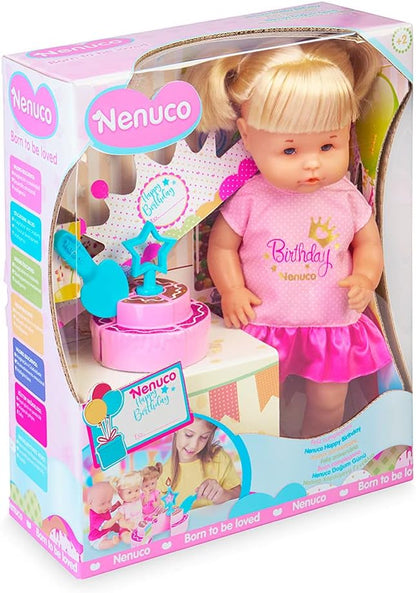 Birthday celebration doll in pink birthday dress, blonde hair with pigtails