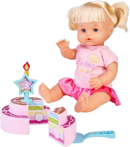 Blonde baby doll in pink polka-dot shirt and satin skirt, holding birthday cake toy