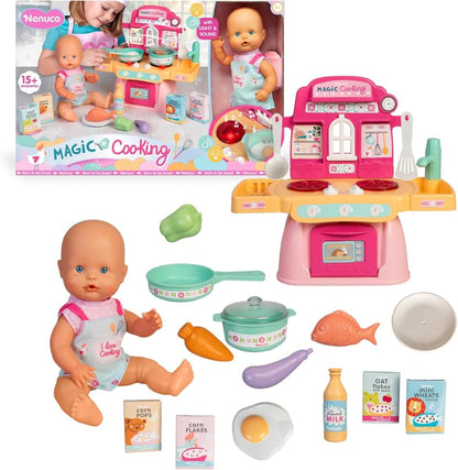 Magic Cooking toy stove with baby doll and kitchen accessories, pink and teal