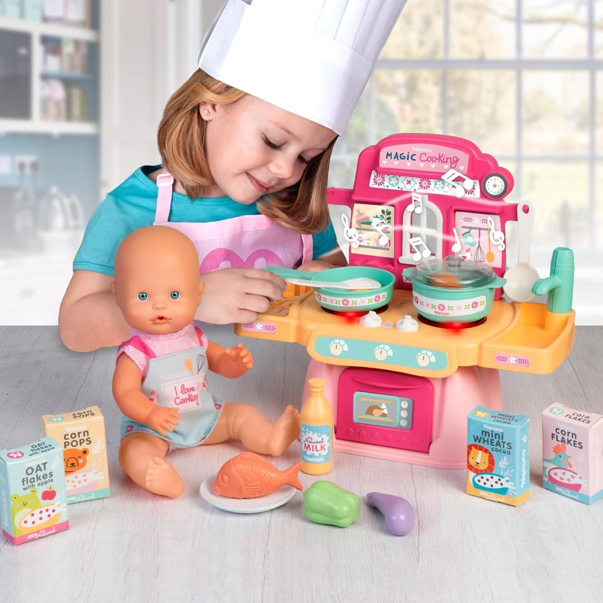 Magic Cooking toy stove with baby doll, pots, milk bottle, and food boxes
