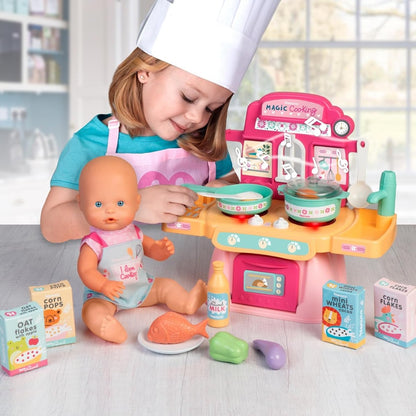 Magic Cooking toy stove with baby doll, pots, milk bottle, and food boxes