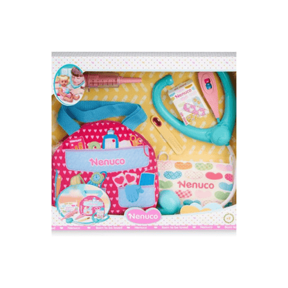 Doll medical playset with heart-print bag, teal stethoscope, thermometer and tools