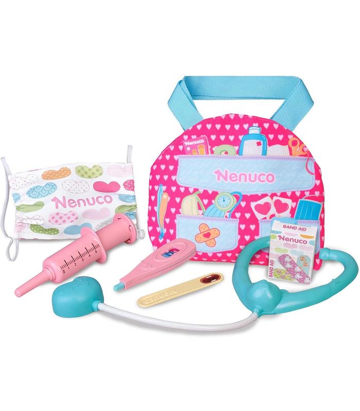 Doll medical kit with Nenuco heart bag, teal stethoscope, pink syringe and thermometer
