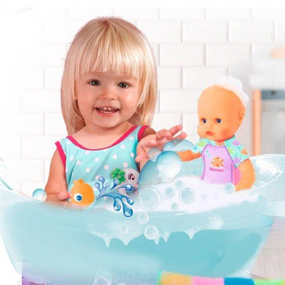 My First Bath baby doll in light-blue bath tub, wearing purple fish swimsuit