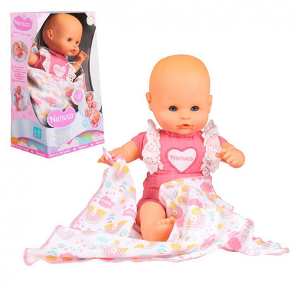 New Born baby doll: pink romper, white lace bib, patterned skirt blanket