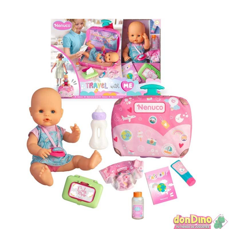 Travel with Me doll travel set: pink suitcase, baby doll in blue outfit, bottle