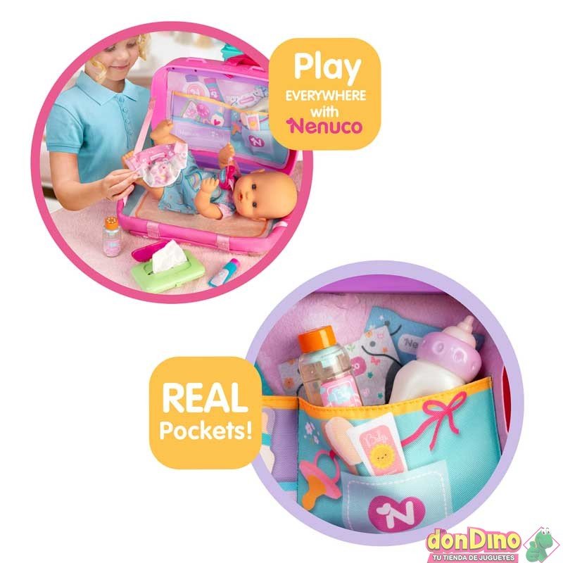 Pink travel suitcase set with compartments and baby doll figure plus accessories