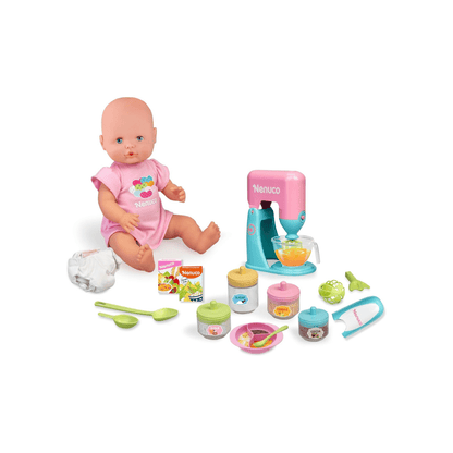 Baby doll with pink dress and diaper plus turquoise food mixer, bowls, and ingredient jars