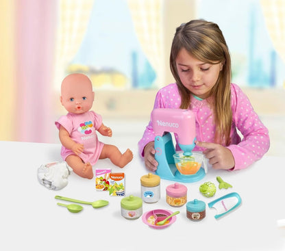 Doll set with baby doll and turquoise toy mixer, bowls, ingredient jars, and utensils