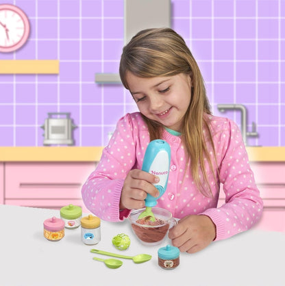 Toy cooking set with blue mixer, bowls, ingredient jars, and utensils