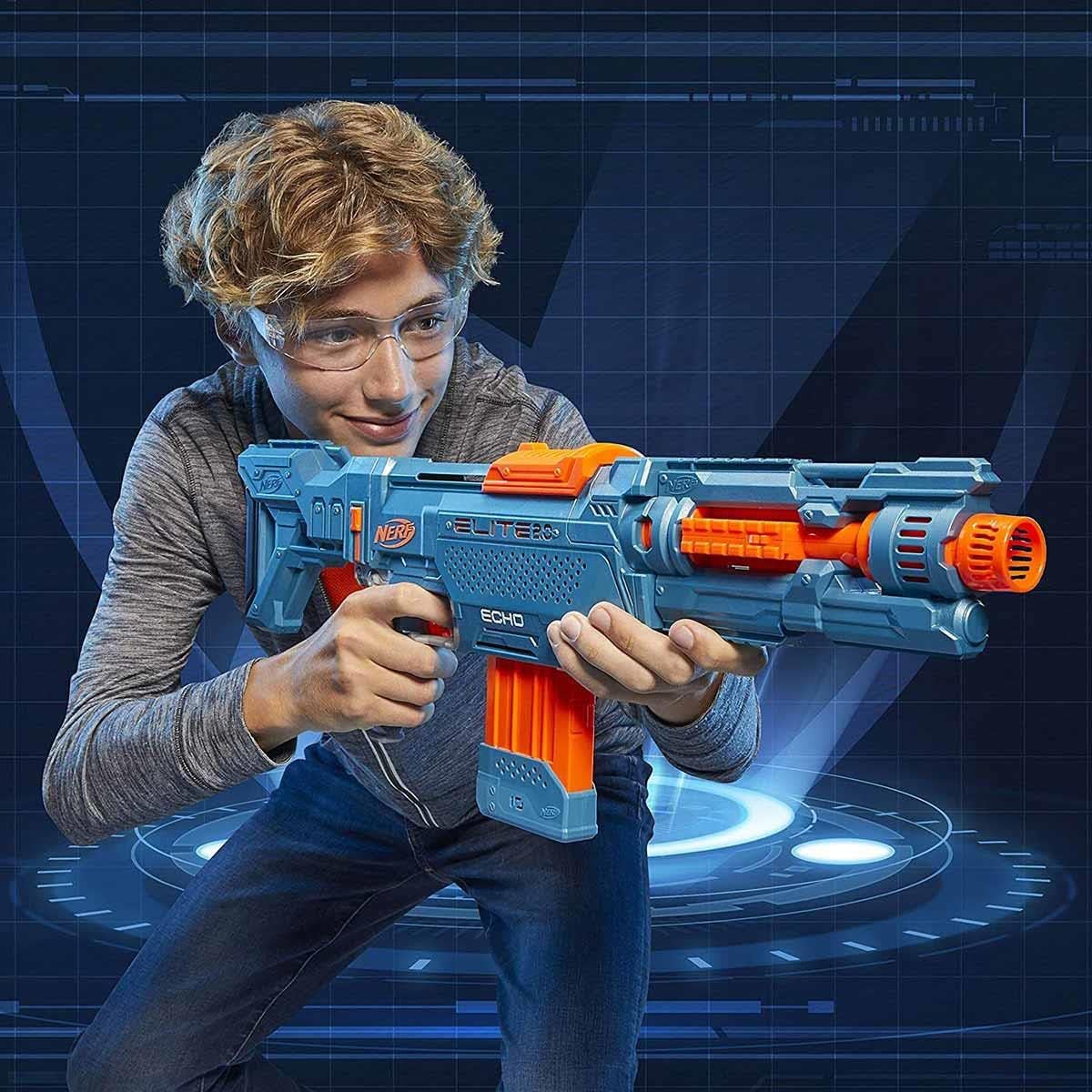 Elite 2.0 Echo CS-10 blaster held by player, blue body with orange details