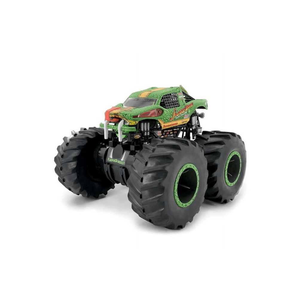 Green and black monster truck RC toy with large tread tires and neon green wheel rims.