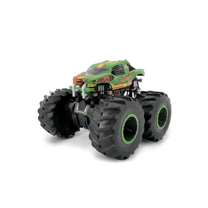 Green and black monster truck RC toy with large tread tires and neon green wheel rims.