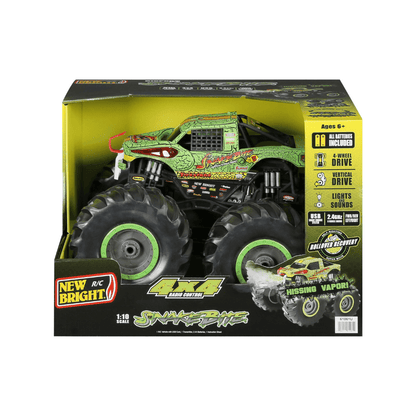 Monster truck RC toy in retail box with green and black hissing vapor design, 4x4.