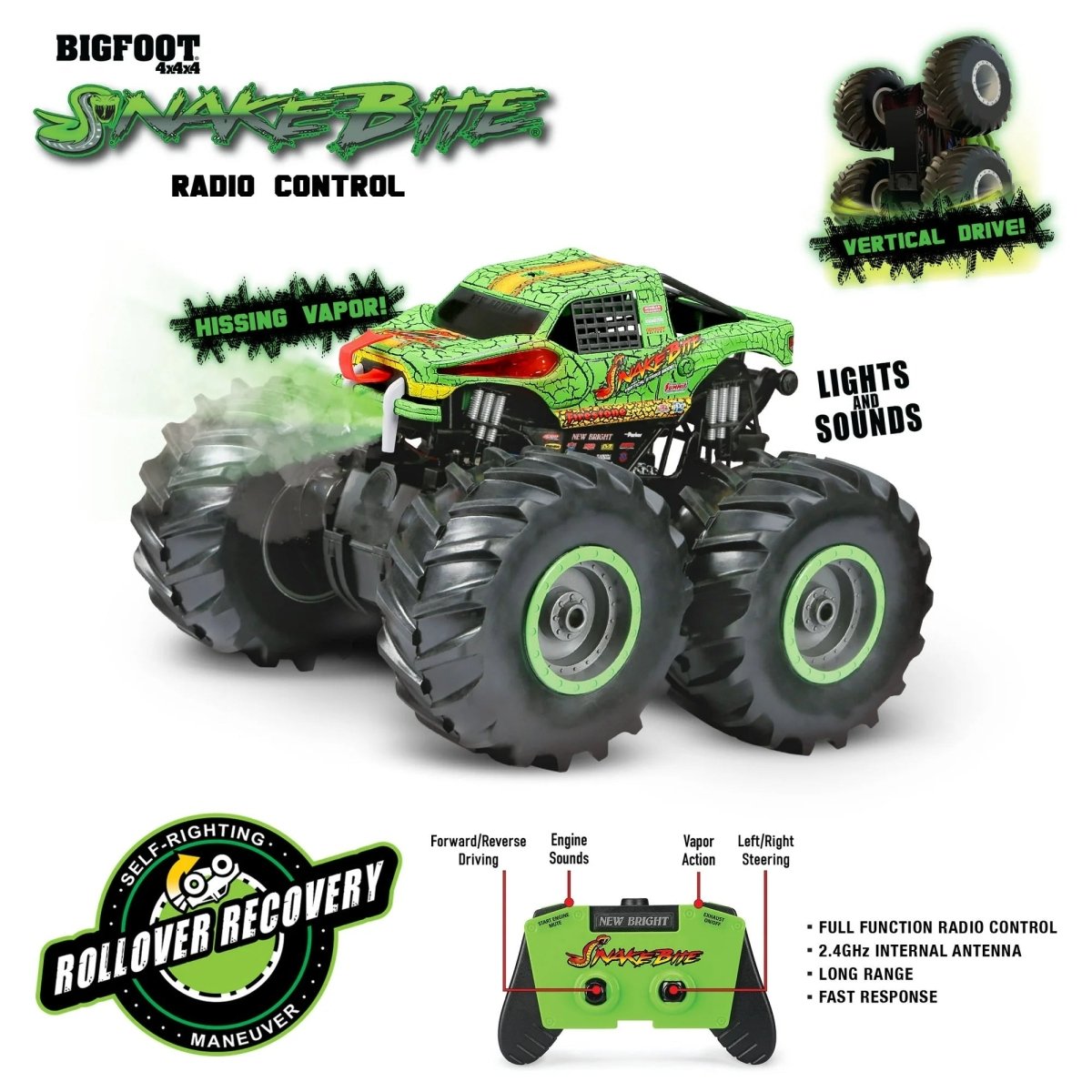 Green and black RC monster truck with bright green rims, showing vapor mist and lights.