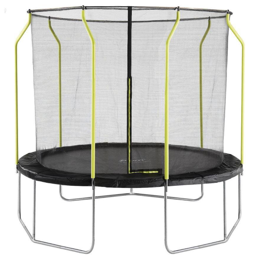 Round trampoline with safety net, black jumping mat and green frame, 2.44m