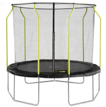Round trampoline with safety net, black jumping mat and green frame, 2.44m