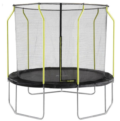 Trampoline with safety net, black jumping mat, green frame and upright poles