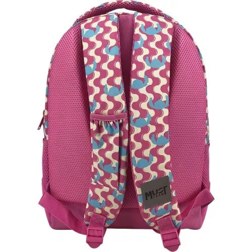 Pink and multicolor camo backpack with padded back, zipper and adjustable straps