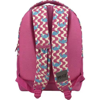 Pink and multicolor camo backpack with padded back, zipper and adjustable straps