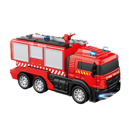 Red rescue firetruck toy, side view with blue light accents