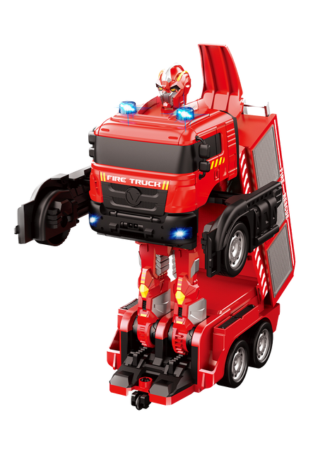 Transforming firetruck with red robot figure, front cab and blue lights