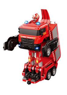 Transforming firetruck with red robot figure, front cab and blue lights