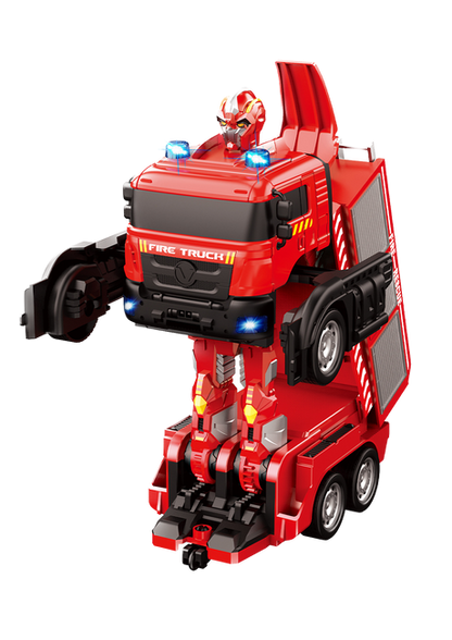 Transforming firetruck with red robot figure, front cab and blue lights