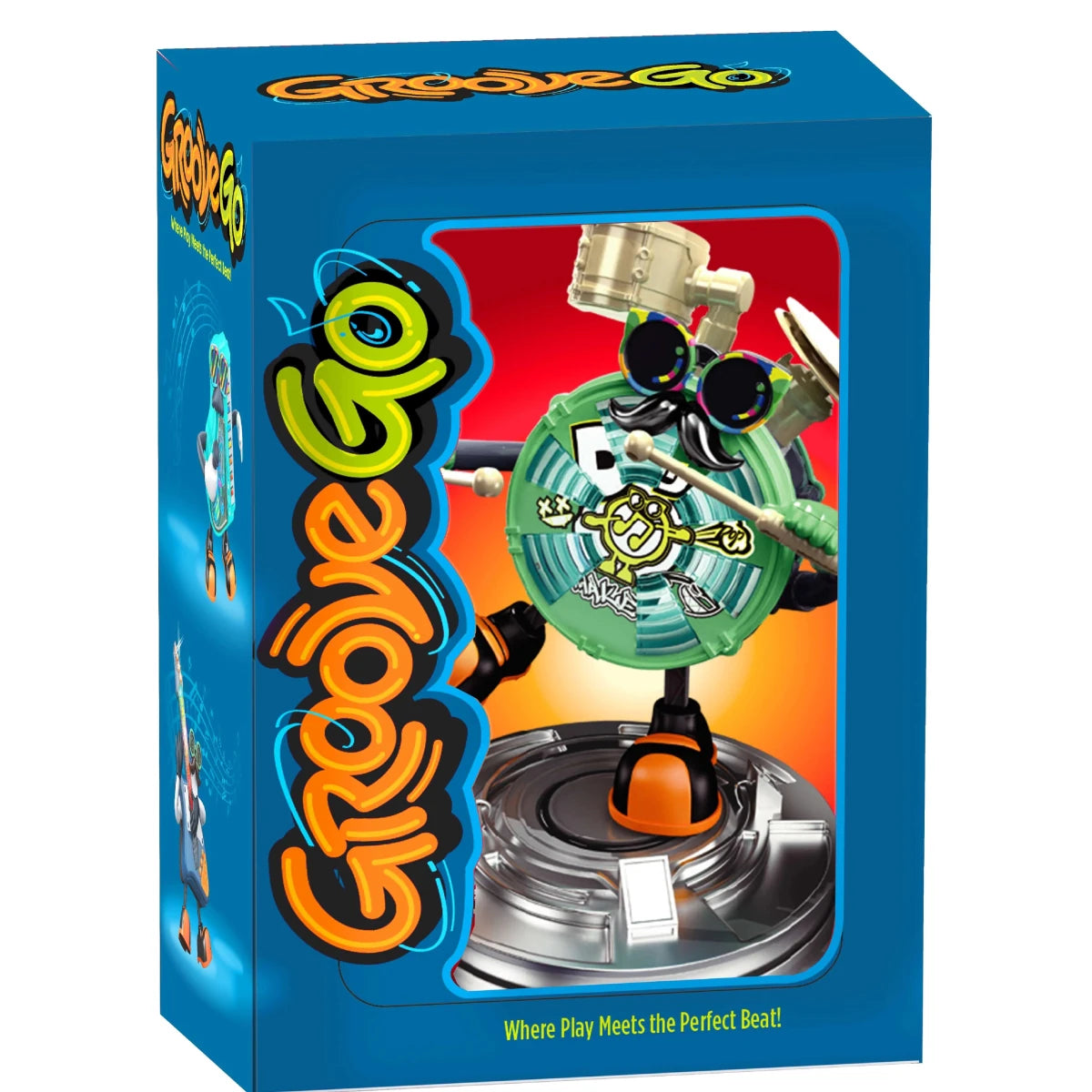 DrumBot boxed set showing green drumbot figure with orange stand