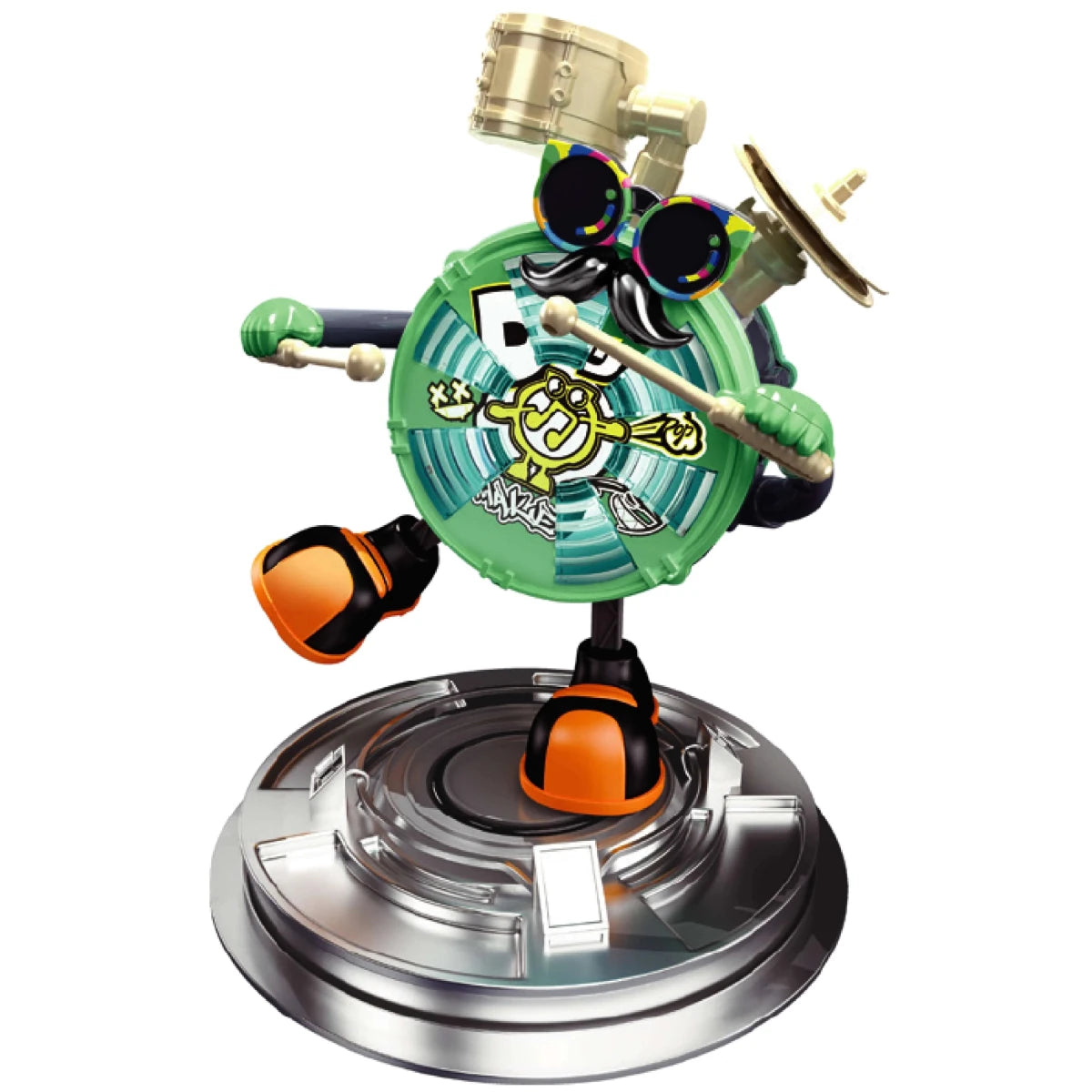 DrumBot toy on chrome base, green body with orange arms and drum head