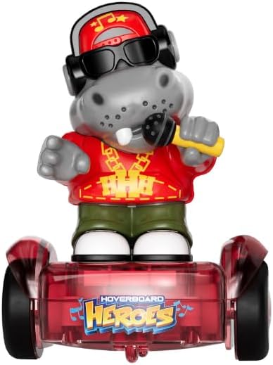 Hip Hop Hippo Robotertier mit Helm und Kopfhörern, auf rotem Hoverboard