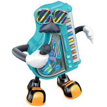 KeyBot toy with turquoise keyboard face, black hands, orange-and-black shoes