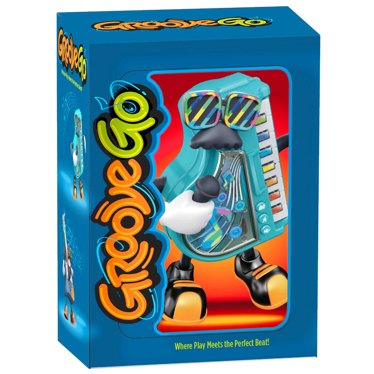 KeyBot in turquoise on retail box, playful keyboard character