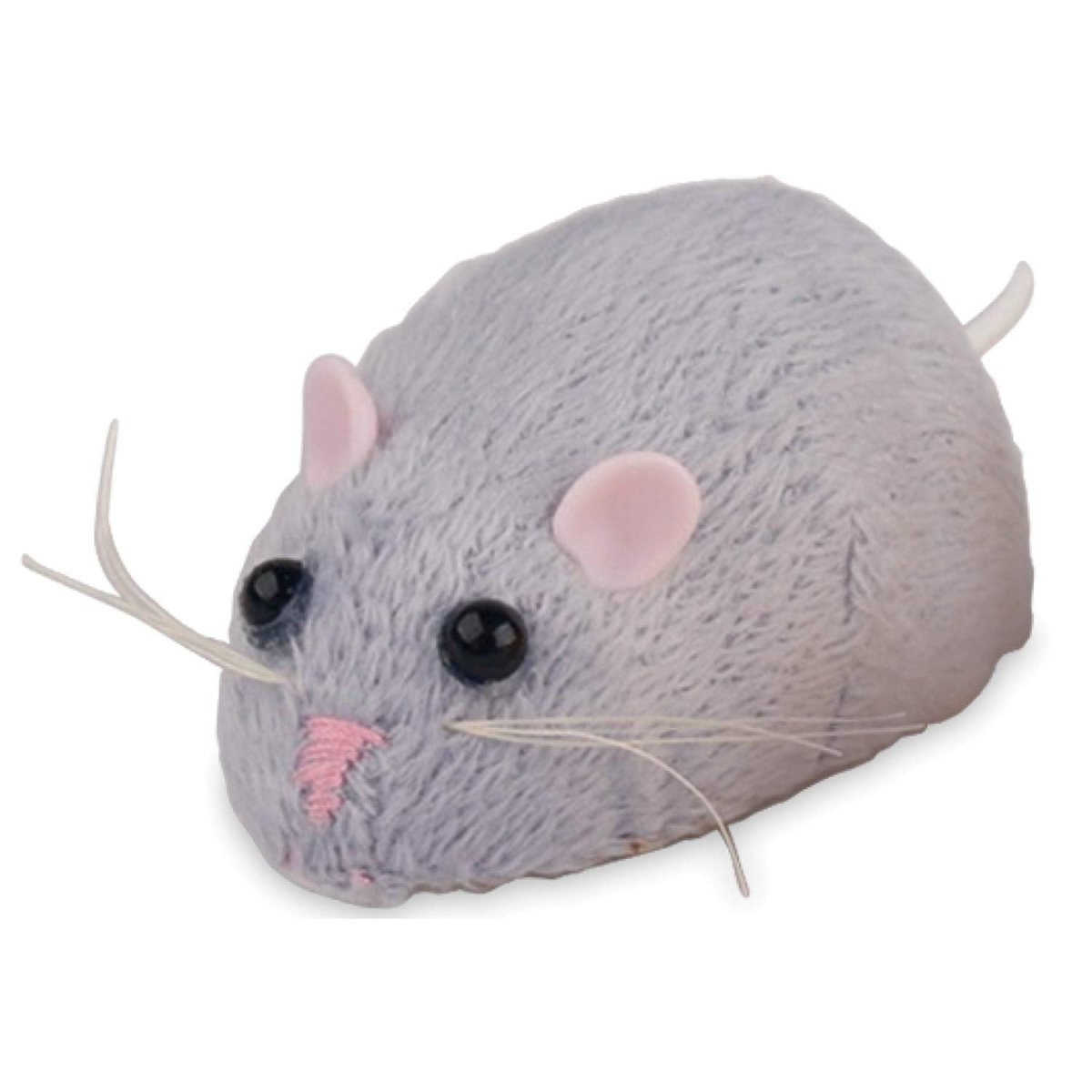 Close-up gray plush mouse with pink ears and nose, black eyes, whisker strings