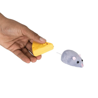 Gray plush mouse toy and yellow cheese piece, hand holding the cheese