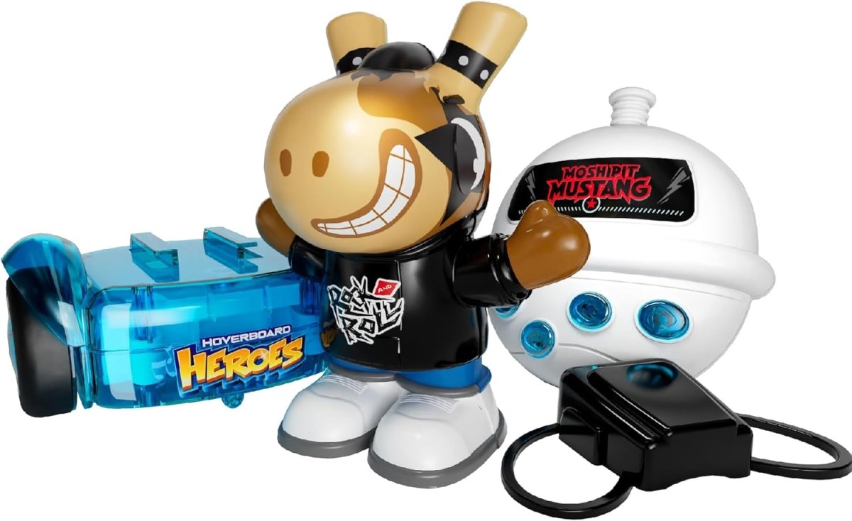 Mosh Pit Mustang toy duo: gold-masked fighter with blue hoverboard and white hover robot