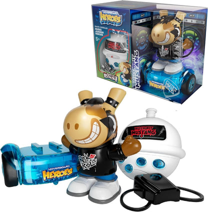 Mosh Pit Mustang boxed toy set: gold-masked fighter, blue hoverboard, white robot